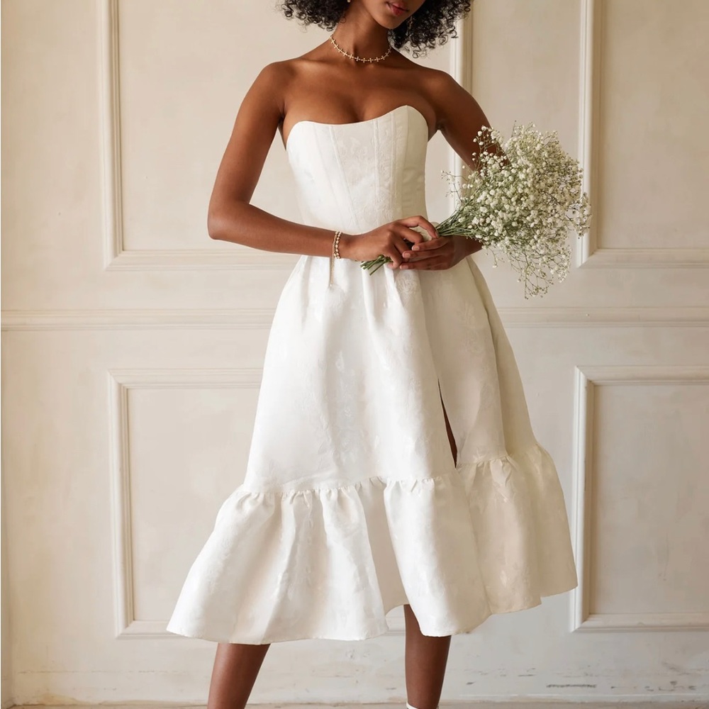 V. Chapman White Strapless Midi Dress with Ruffle Hem